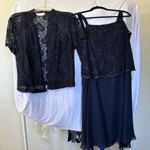 Navy sequined sleeveless dress w/jacket, size 14. Davids Bridal. Worn once $50